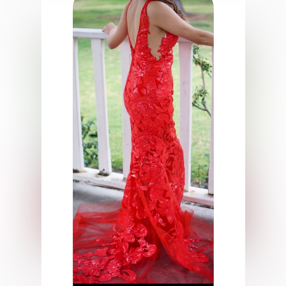 Jovani Red Lace Evening Gown